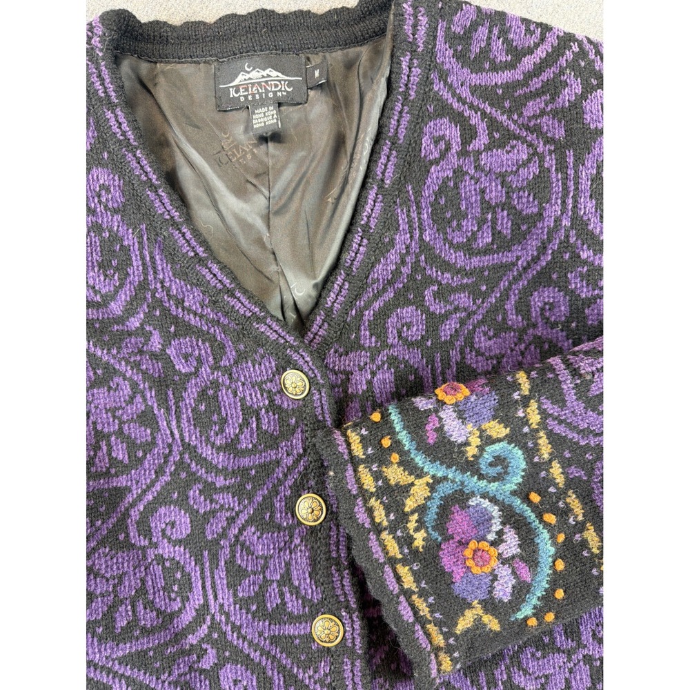 Icelandic Design Cardigan Women M Wool Blend Floral Embroidered Lined‎ Nordic